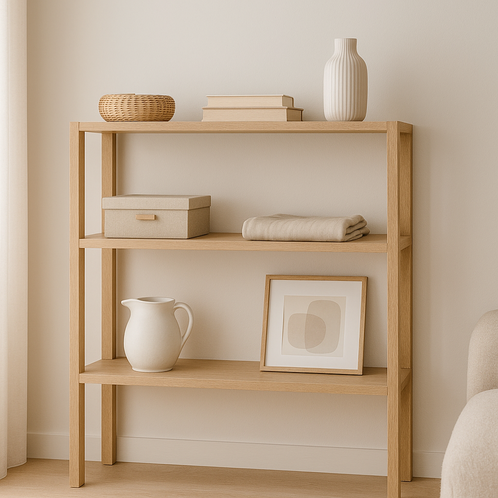 Organización y limpieza. Estantería minimalista con decoraciones neutras.