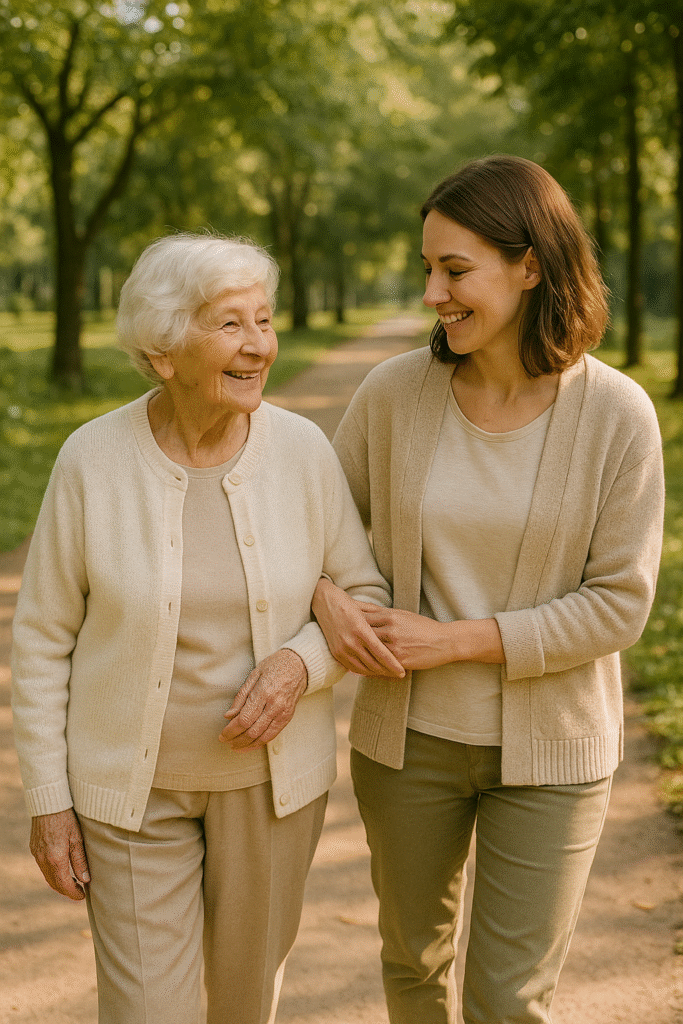 Cuidado de personas mayores. Paseo al aire libre con la persona mayor