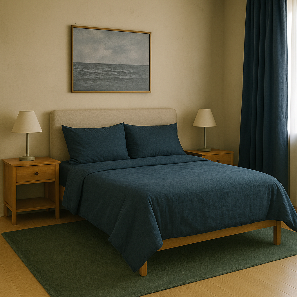 Dormitorio antes: cuadro de mar, cortinas y ropa de cama azul oscura.