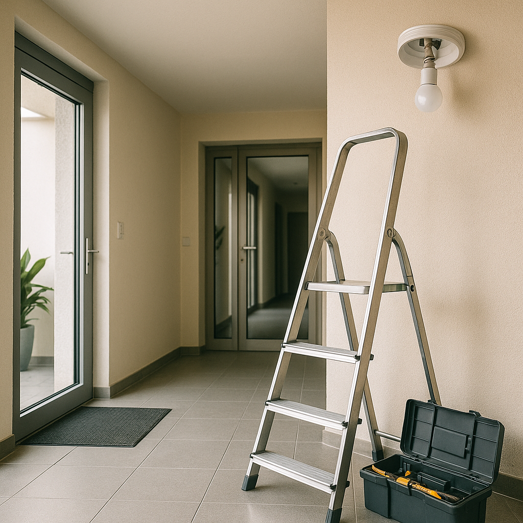 Unterhalt von Gemeinschaftsbereichen: Glasreinigung und Kontrolle der Beleuchtung im Hausflur.