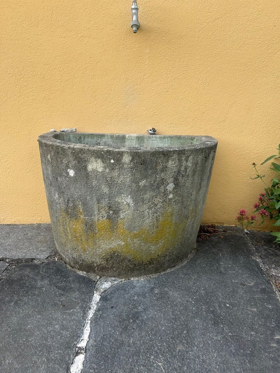 Lavadero de jardín antiguo y desgastado, visto de frente